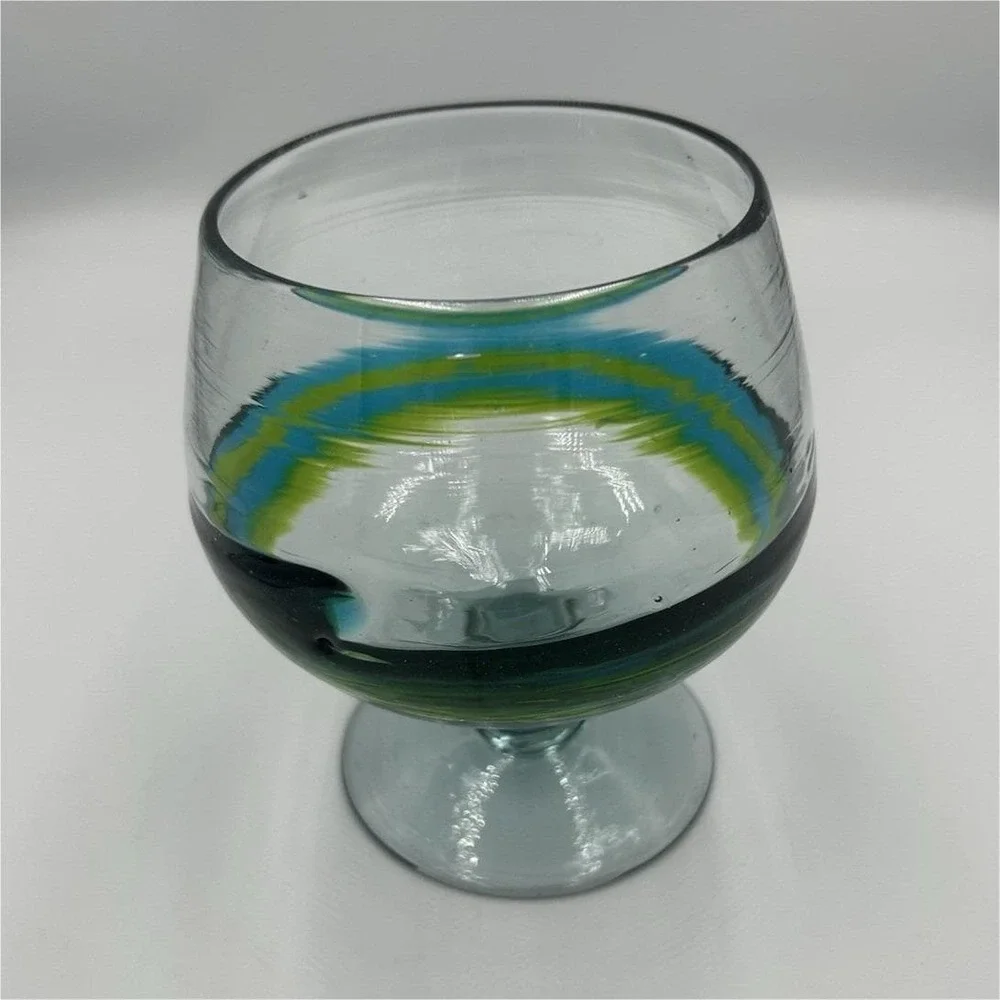 Mid Century Hand Blown Art Brandy type Glass  Blue and Green Decorative Swirl